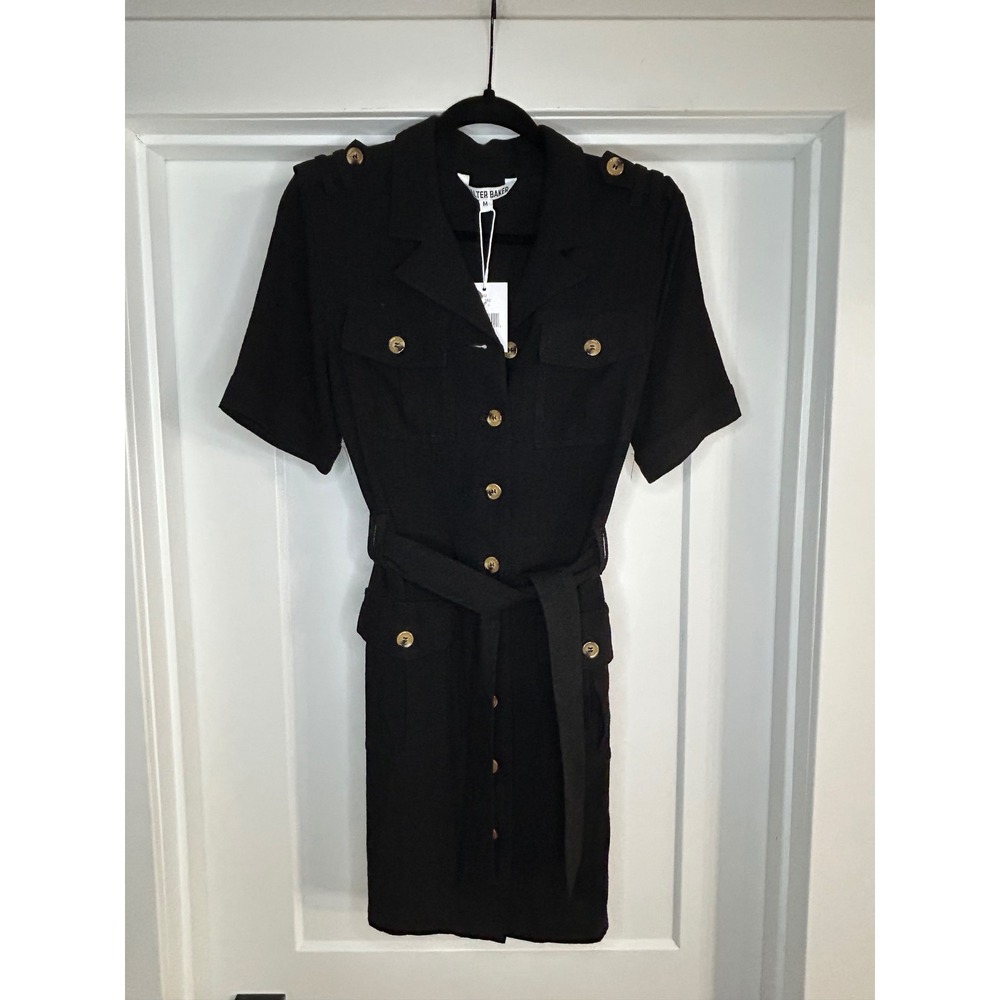 NEW Walter Baker Black Linen Blend Utility Button Front Belted Mini Dress Mediun